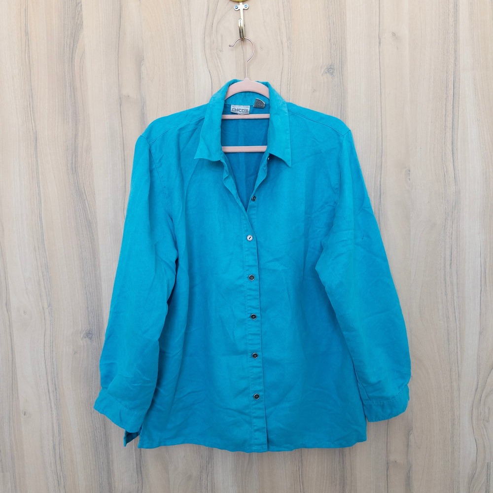 Chico's Women Faux Suede Button Down Shirt L Blue Long Sleeve Classic Western